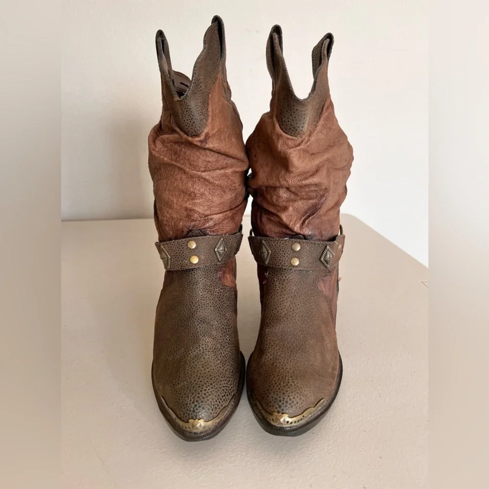 Leather Collection  Harness Strap Metal Tip Women’s Brown   Cowboy Boots Size 8_2